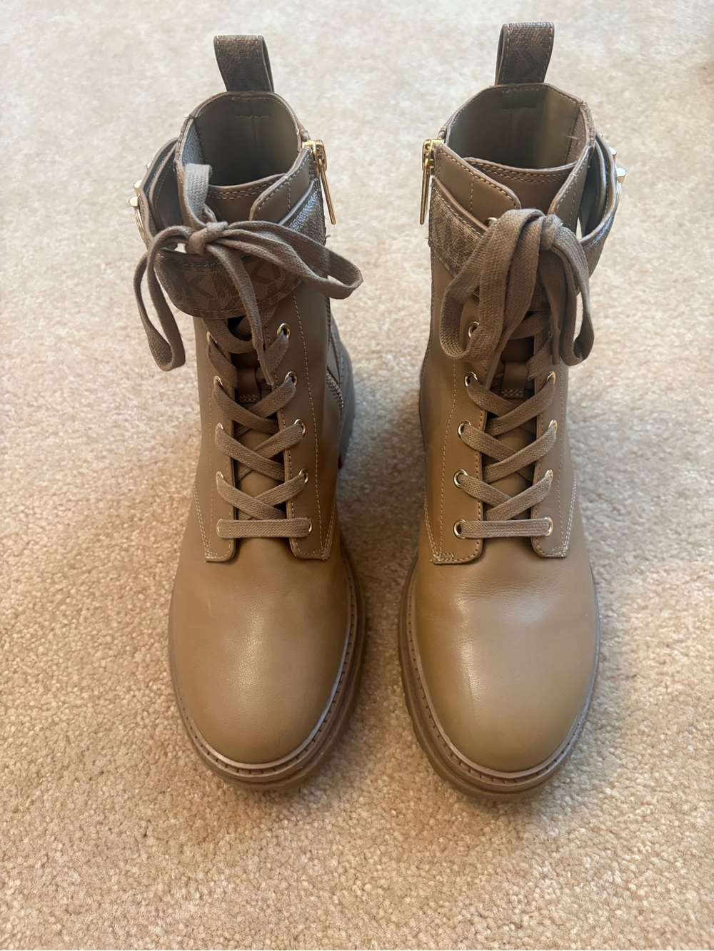 Michael Kors Taupe Lace-Up Ankle Boots with Gold Accents